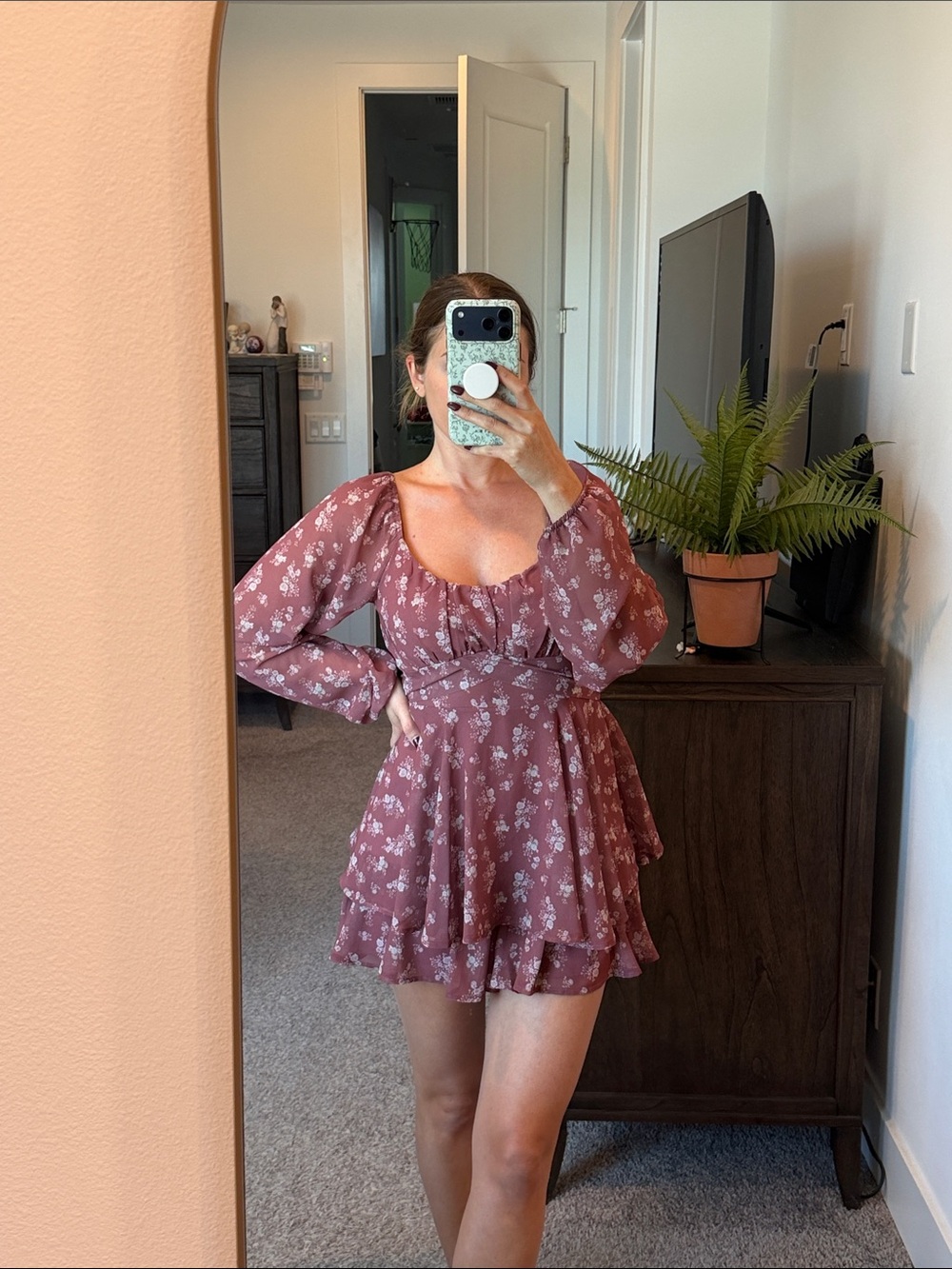 Floral Square-Neck Romper/ Dress in Dusty Rose Brown